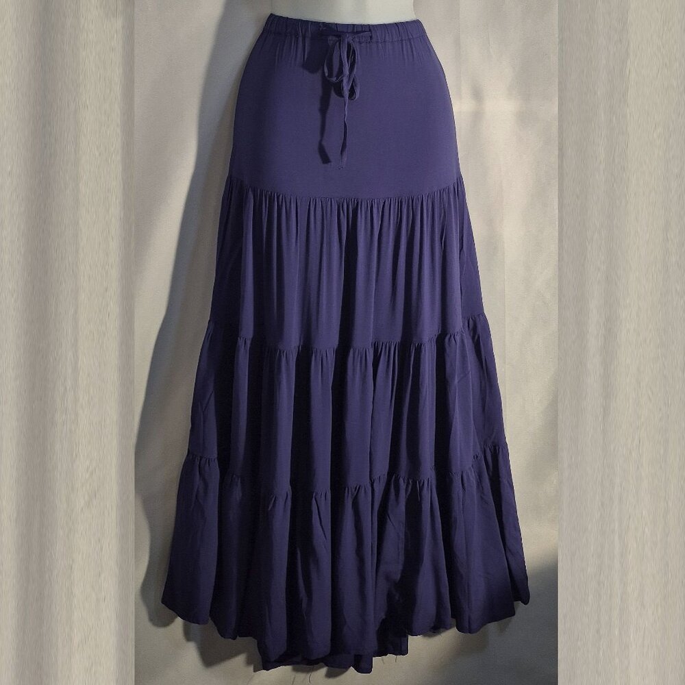 DOUBLE ZERO Maxi A-Line skirt, tiered ruffled hem, purple in size small